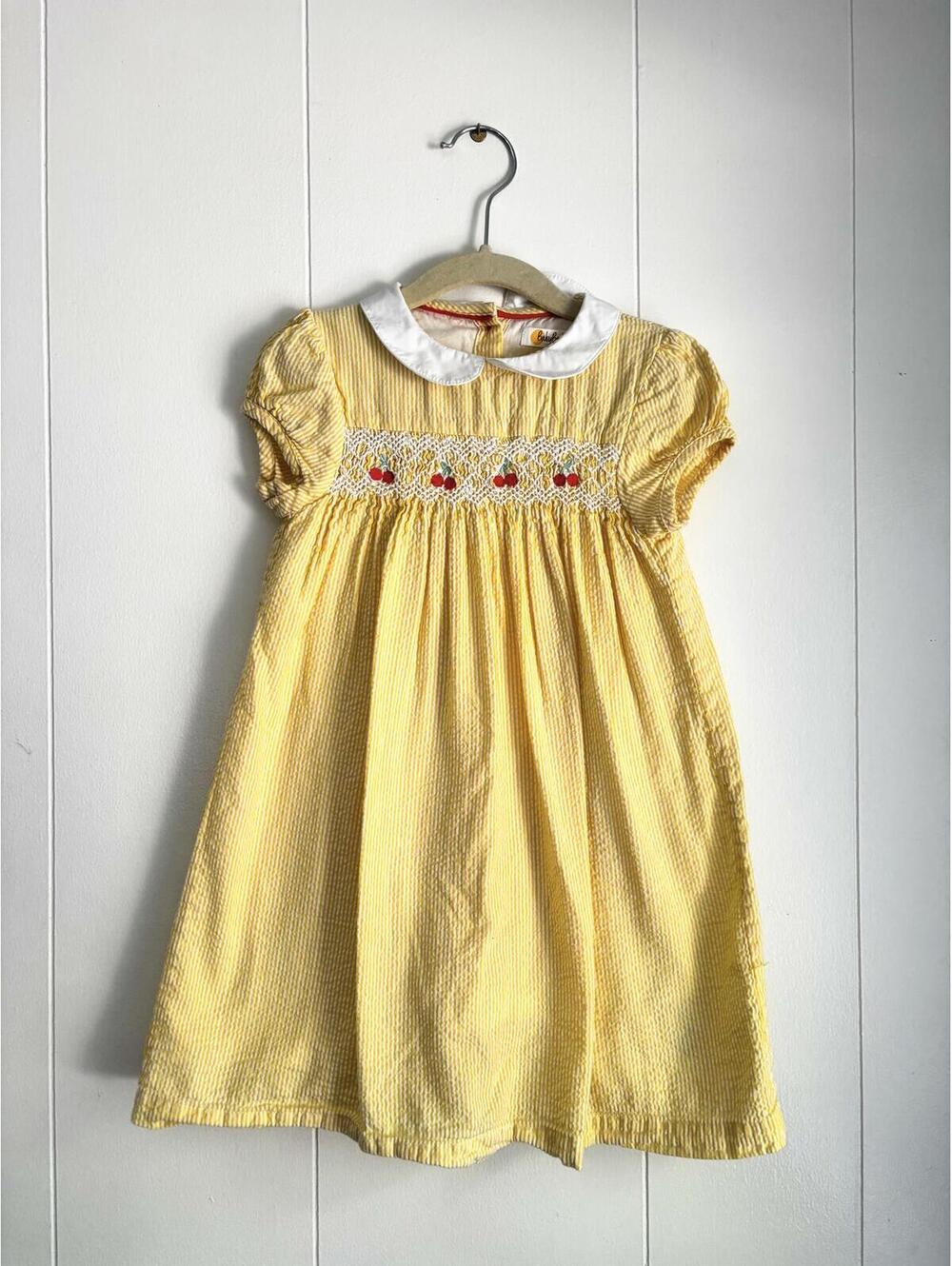 Mini Boden Girls Yellow Seersucker Cherry Smocked Dress 3-4Y